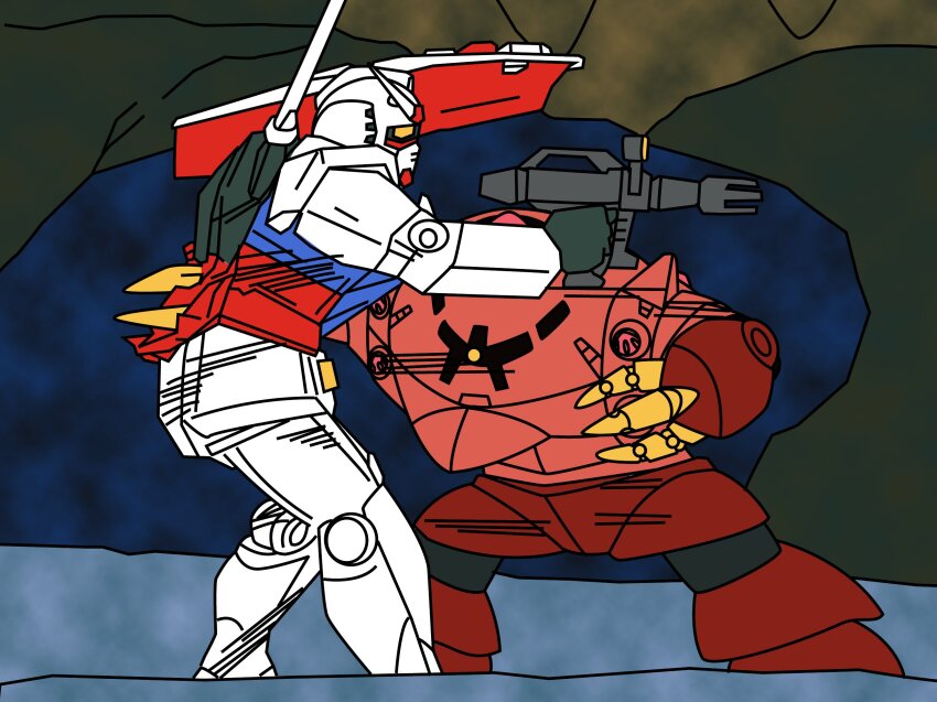 battle beam_rifle claws commentary_request energy_gun gun gundam highres holding holding_gun holding_weapon mecha mecha_focus mobile_suit mobile_suit_gundam no_humans one-eyed reprilo_channel robot rx-78-2_gundam scene_reference science_fiction shield v-fin weapon yellow_eyes zeon zock