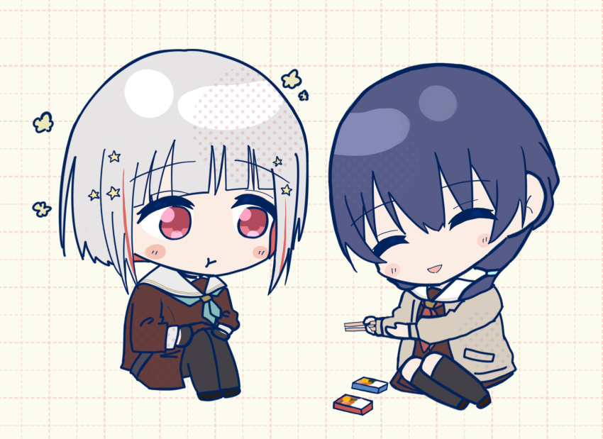 2girls :d :t ^_^ aqua_neckerchief bento black_choker black_gloves black_pantyhose black_shoes blue_hair blue_ribbon blush bob_cut brown_cardigan brown_dress brown_shoes cardigan chibi chibi_only choker chopsticks closed_eyes colored_inner_hair commentary_request diagonal_bangs dollchestra dotted_line dress eating flower_symbol full_body gloves grey_hair grid_background hair_ornament hair_ribbon half_gloves hasu_no_sora_school_uniform highres inverted_bob knees_up link!_like!_love_live! long_hair long_sleeves looking_at_another love_live! low_twintails magu_(cv_mgmgcup) mole mole_on_neck multicolored_hair multiple_girls murano_sayaka neckerchief o-ring o-ring_choker open_cardigan open_clothes open_mouth pantyhose red_eyes red_hair red_neckerchief ribbon sailor_collar sailor_dress school_uniform shoes short_hair sitting smile star_(symbol) star_hair_ornament streaked_hair twintails virtual_youtuber white_background white_sailor_collar winter_uniform yokozuwari yugiri_tsuzuri