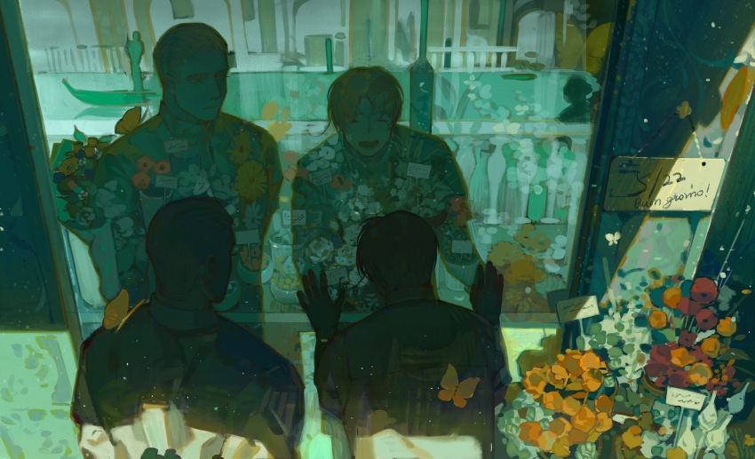 2boys absurdres axis_powers_hetalia blonde_hair boat brown_hair flower germany_(hetalia) highres multiple_boys northern_italy_(hetalia) red_flower short_hair water watercraft xiaoquandianer yaoi yellow_flower