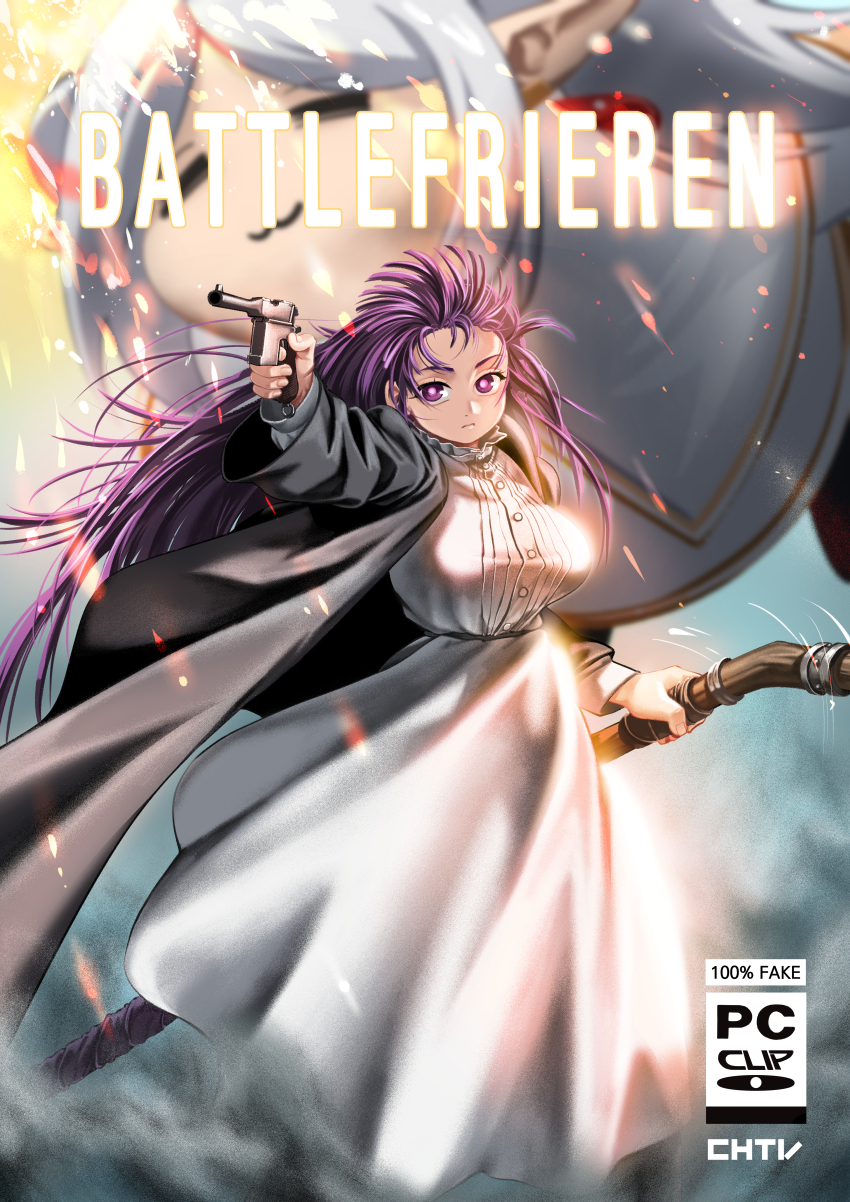 2girls :3 absurdres aiming battlefield_(series) battlefield_1 black_coat brand_name_imitation breasts buttons chtv closed_eyes coat commentary derivative_work dress earrings elf english_commentary fern_(sousou_no_frieren) finger_on_trigger frieren gold_trim gun handgun highres holding holding_gun holding_staff holding_weapon jacket jewelry large_breasts long_coat long_dress long_hair mauser_c96 multiple_girls open_clothes open_coat pointy_ears purple_eyes purple_hair smoke sousou_no_frieren sparks staff video_game_cover_redraw weapon white_dress white_hair white_jacket