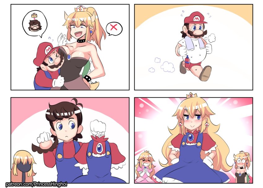 1boy 2girls adapted_costume beard blonde_hair blue_eyes blue_gemstone blush bottle bowsette breasts cleavage closed_eyes comic crossdressing crown dress drooling earrings facial_hair flying_sweatdrops gem gloves height_difference hinghoi horns huffing jewelry jogging large_breasts long_hair mariette mario mario_(series) multiple_girls new_super_mario_bros._u_deluxe nintendo one_eye_closed open_mouth pants pinafore_dress ponytail princess_peach props saliva sharp_teeth shell silent_comic sleeveless_dress smile spikes super_crown surprised sweat teeth tiara track_pants trap turtle_shell water_bottle watermark web_address white_gloves wig