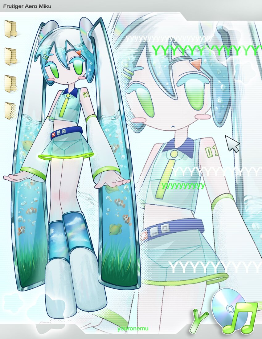 1girl absurdres aquarium cd clownfish cursor fish fish_tank fishbowl flat_chest folder frutiger_aero green_eyes hatsune_miku highres long_hair looking_at_viewer necktie number_tattoo see-through_clothes spring_onion tattoo tropical_fish twintails underwater vocaloid youronemu