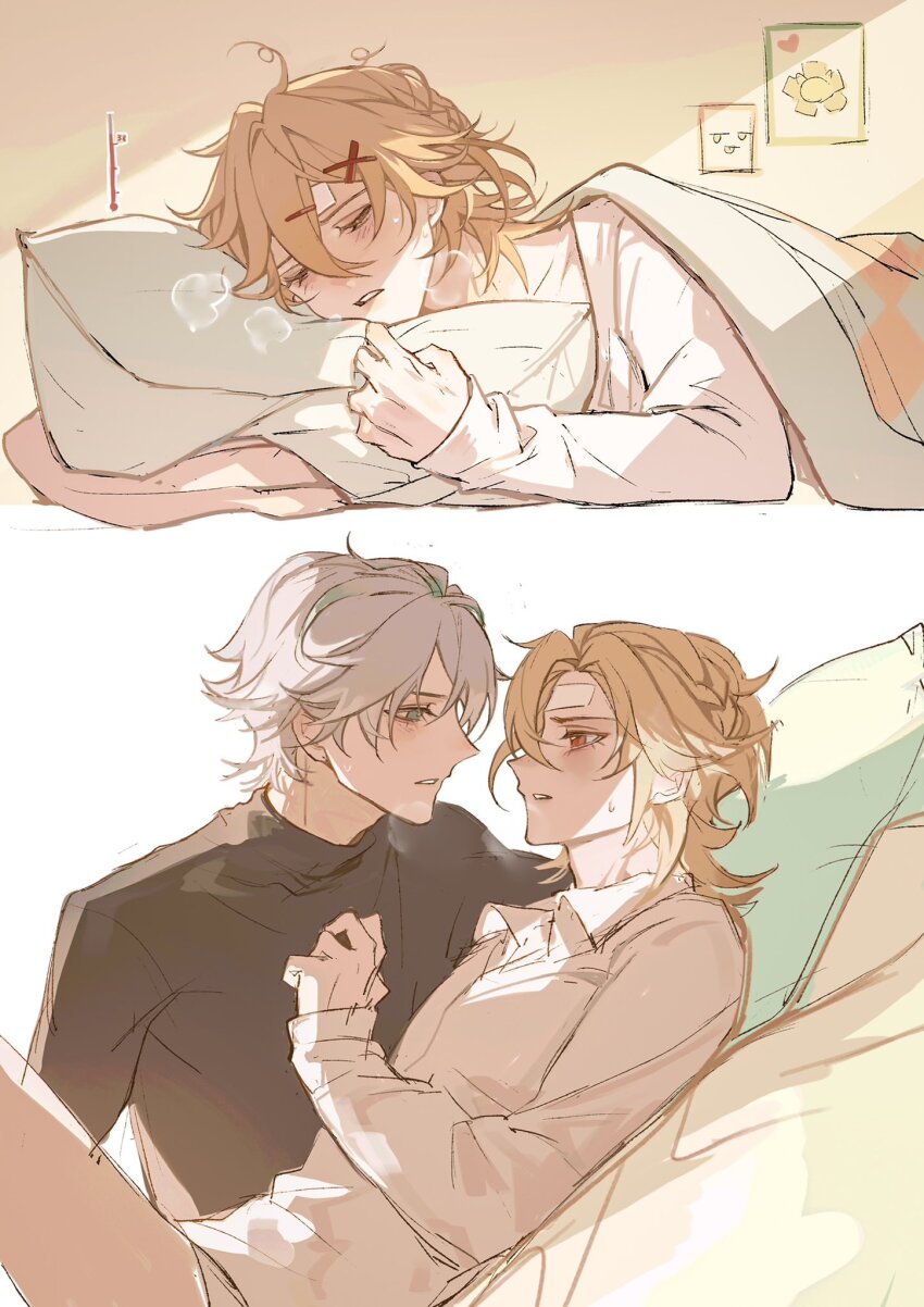 2boys alhaitham_(genshin_impact) alternate_costume arms_up bed black_sweater blanket blonde_hair blue_eyes blush braid closed_eyes closed_mouth collared_shirt drawing_(object) french_braid genshin_impact green_hair grey_hair grey_shirt hair_between_eyes hair_ornament hairpin hand_up heart highres hug hugging_object indoors iron_hailai kaveh_(genshin_impact) long_sleeves looking_at_another lying male_focus multicolored_hair multiple_boys on_back on_side pillow pillow_hug red_eyes shirt short_hair sick simple_background sitting sweat sweatdrop sweater teeth turtleneck turtleneck_sweater two-tone_hair wall white_background wing_collar x_hair_ornament yaoi