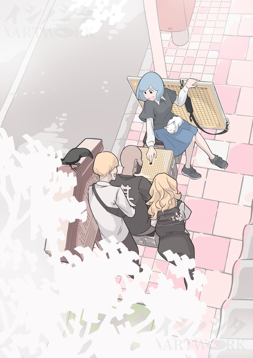 2boys 2girls :d absurdres animal animal_on_lap backpack bag bald beard bird blonde_hair blue_eyes blue_hair blue_skirt board_game cat cat_on_lap character_charm charm_(object) collared_shirt commentary_request crow dark-skinned_male dark_skin facial_hair fanny_pack from_above fujiwara_no_sai full_beard go_(board_game) highres hikaru_no_go holding_stone ishinoshita_shou long_hair medium_hair multiple_boys multiple_girls on_lap open_mouth original outdoors pale_color pavement postbox_(outgoing_mail) road shindou_hikaru shirt shirt_under_shirt shoes sidewalk sitting skirt smile sneakers watermark white_cat white_shirt
