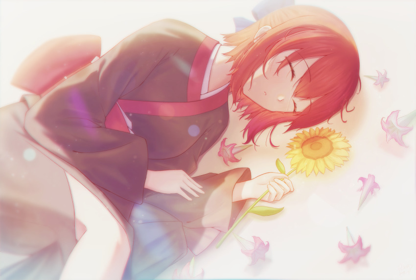 1girl :o blue_bow blush bow brown_kimono closed_eyes commentary_request flower flowingcrescent hair_bow half_updo highres holding holding_flower japanese_clothes kimono kohaku_(tsukihime) light_rays lying on_side pink_flower red_hair short_hair simple_background sleeping solo sunflower tears tsukihime white_background wide_sleeves yellow_flower