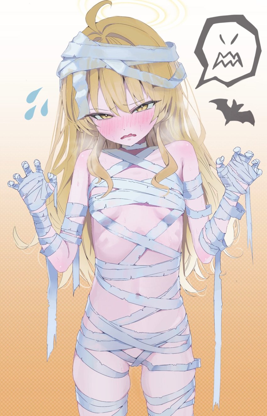1girl ahoge bandaged_arm bandaged_chest bandaged_hand bandaged_head bandaged_leg bandaged_neck bandaged_waist bandages bare_shoulders bat_(animal) blonde_hair blue_archive blush breasts chest_sarashi claw_pose cowboy_shot dot_nose embarrassed flying_sweatdrops frown gradient_background hair_between_eyes half-closed_eyes halloween halloween_costume halo hands_up highres loli long_hair looking_at_viewer mummy_costume naked_bandage navel nose_blush oekaki_siro official_alternate_costume open_mouth orange_background sarashi sidelocks simple_background small_breasts solo spoken_expression standing thighs very_long_hair wavy_mouth yellow_eyes yellow_halo yoshimi_(blue_archive) yoshimi_(halloween)_(blue_archive)