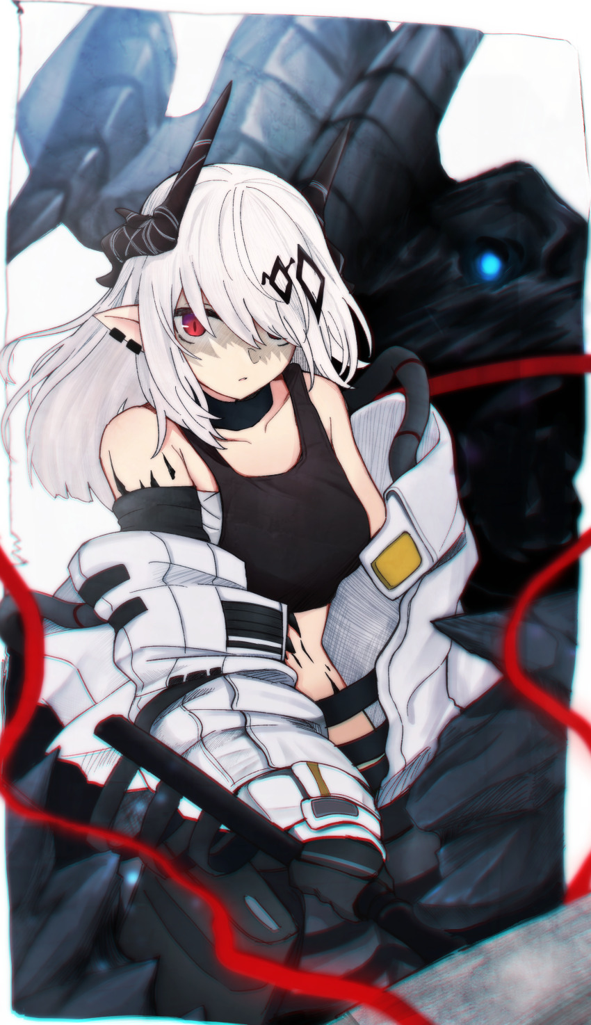 1girl absurdres arknights bare_shoulders choker chromatic_aberration closed_mouth commentary demon_girl demon_horns ear_piercing hammer highres holding holding_weapon horns long_hair material_growth mudrock_(arknights) mudrock_(elite_ii)_(arknights) oripathy_lesion_(arknights) piercing red_eyes sarashi sasahara_(shou_goi) solo weapon white_hair