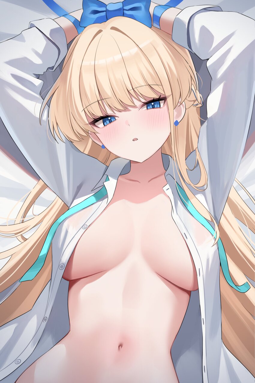 1girl absurdres blonde_hair blue_archive blue_eyes blue_ribbon blush breasts collarbone highres large_breasts long_hair long_sleeves looking_at_viewer lying nannung navel on_back open_clothes open_shirt restrained ribbon shirt solo toki_(blue_archive) white_shirt