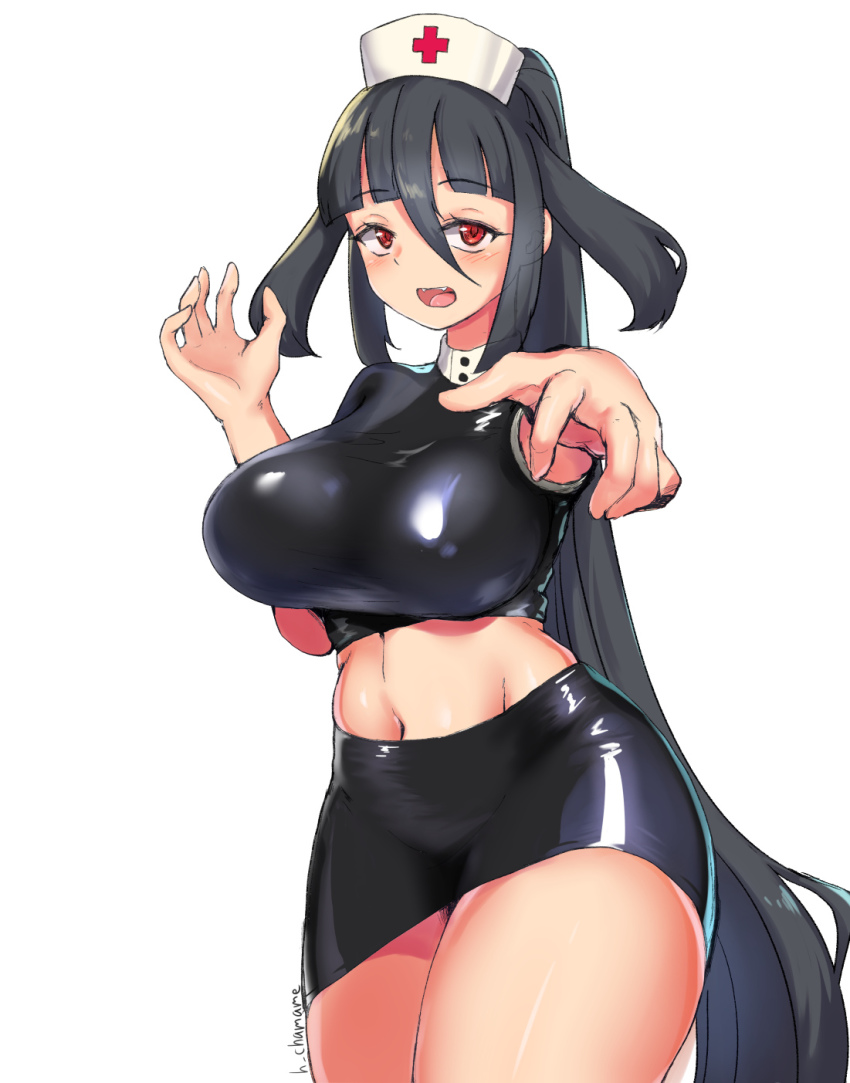 1girl arms_up artist_name black_hair breasts chamame curvy fangs hair_between_eyes hat highres large_breasts latex latex_skirt latex_top long_hair microskirt midriff nurse_cap open_mouth outstretched_arms red_eyes shiny_clothes shiny_skin sidelocks simple_background skirt solo standing teeth thick_thighs thighs upper_teeth_only very_long_hair white_background yamada_tae zombie_land_saga