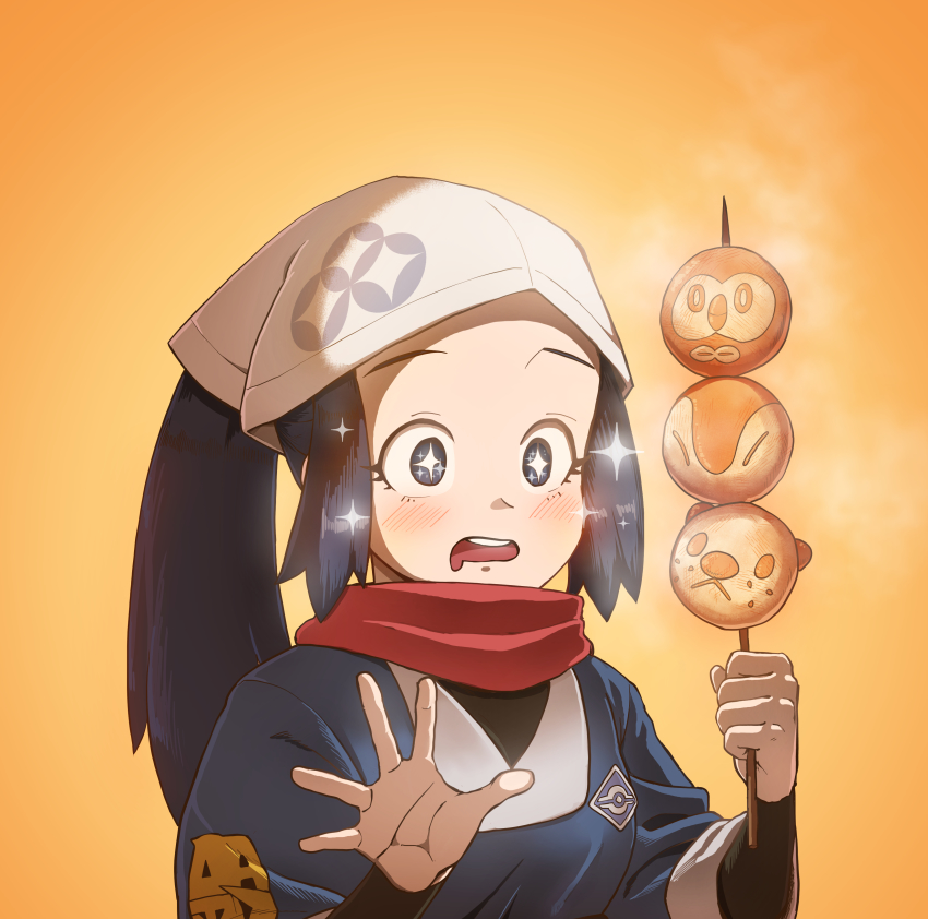 +_+ 1girl absurdres akari_(pokemon) black_hair black_shirt blush commentary_request cyndaquil drooling gen_2_pokemon gen_5_pokemon gen_7_pokemon grey_jacket hands_up headscarf heydove highres holding jacket korean_commentary long_hair mouth_drool nintendo open_mouth orange_background oshawott pokemon pokemon_legends:_arceus ponytail red_scarf rowlet scarf shirt skewer solo sparkle sparkling_eyes steam teeth tongue upper_body upper_teeth_only white_headscarf white_headwear