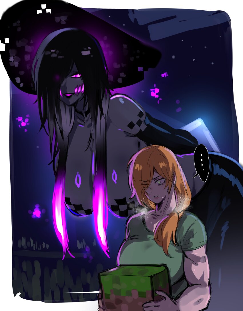 2girls absurdres alex_(minecraft) bare_shoulders bent_over black_hair border breasts colored_skin detached_sleeves enderman grass_block grey_skin hat height_difference highres holding holding_block kurenaiz_(kuayrenaiz) large_breasts long_hair minecraft multicolored_hair multiple_girls night pasties ponytail purple_eyes purple_hair scared smile speech_bubble streaked_hair sweat white_border witch_hat