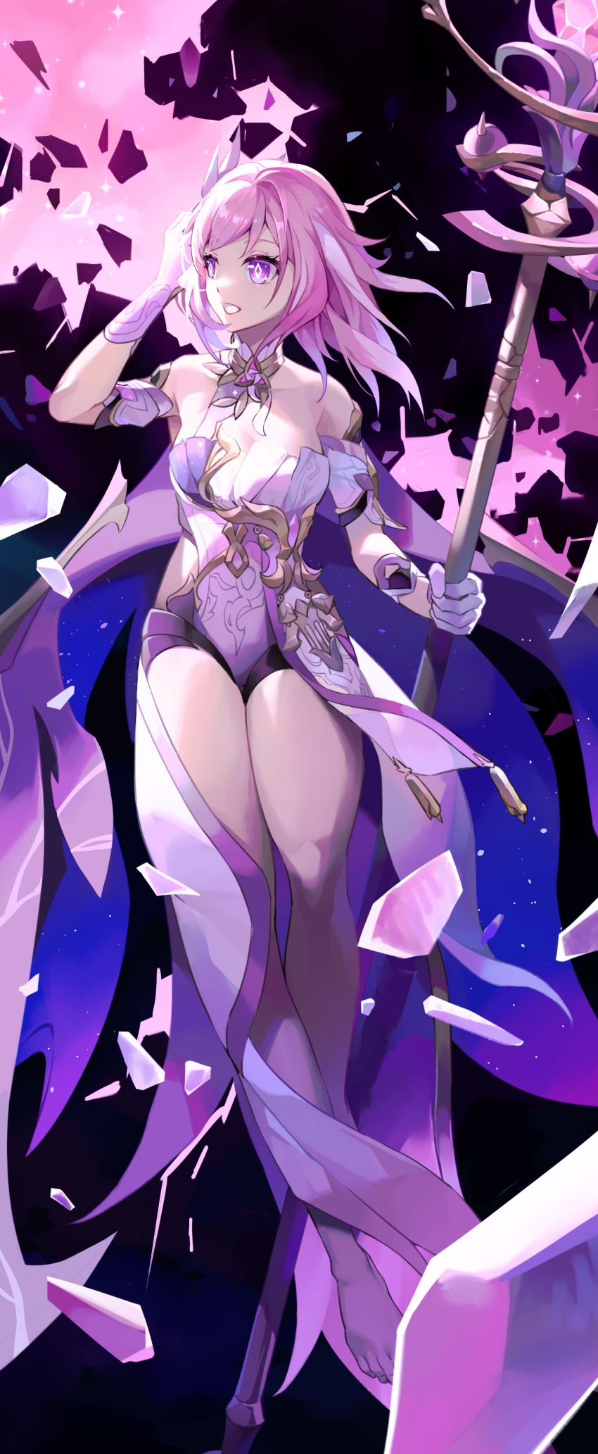 1girl absurdres bare_legs bare_shoulders barefoot black_background black_shorts breasts cleavage corset crystal_shards diamond-shaped_pupils diamond_(shape) elysia_(herrscher_of_human:_ego)_(honkai_impact) elysia_(honkai_impact) feet floating gloves hair_ornament highres holding holding_staff honkai_(series) honkai_impact_3rd large_breasts legs open_mouth pink_hair purple_eyes short_hair short_shorts shorts solo staff symbol-shaped_pupils teeth triquetra white_corset white_gloves xinliu_asato