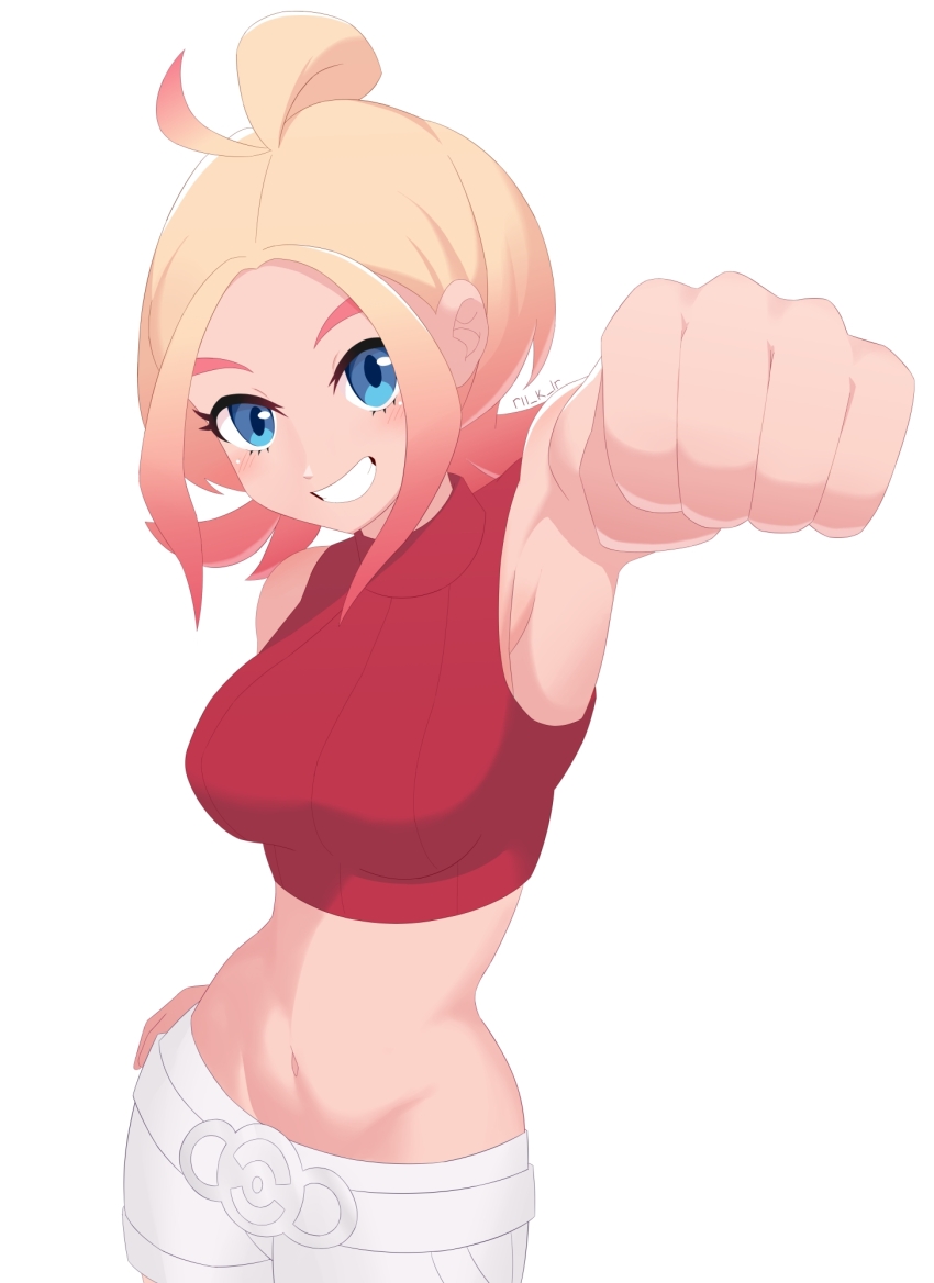 1girl armpits bare_shoulders blonde_hair blue_eyes breasts commentary cowboy_shot crop_top cropped_shirt gradient_hair grin groin hair_bun hand_on_own_hip highres incoming_fist_bump jacket large_breasts looking_at_viewer midriff multicolored_hair navel nintendo no_jacket parted_bangs pink_hair pokemon pokemon_legends:_z-a red_shirt ribbed_shirt rii_(rii_k_lr) shirt short_shorts shorts sidelocks signature simple_background sleeveless sleeveless_shirt smile solo standing taunie_(pokemon) teeth turtleneck turtleneck_shirt white_background white_shorts