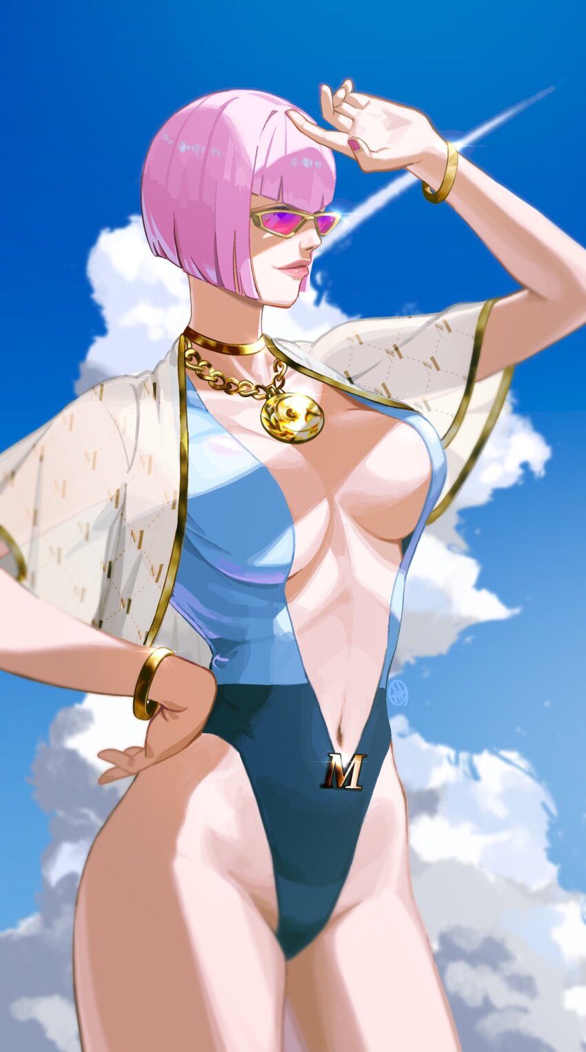 1girl blue_eyes bob_cut bracelet breasts center_opening gold_bracelet gold_necklace hand_over_face highleg highleg_one-piece_swimsuit highres jewelry large_breasts looking_to_the_side manon_legrand medallion namamo_(squidrilling) neck_ring necklace official_alternate_costume official_alternate_hairstyle one-piece_swimsuit pink-tinted_eyewear pink_hair solo street_fighter street_fighter_6 sunglasses sunlight swimsuit tinted_eyewear