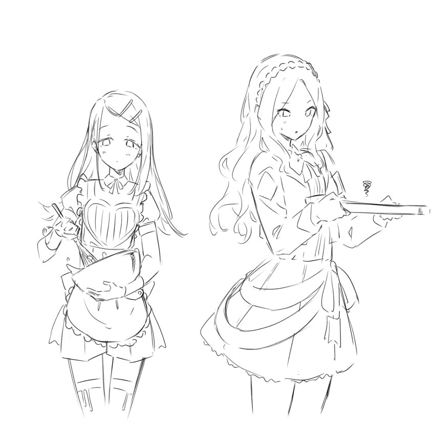 2girls apron blush bowl closed_mouth dress gakuen_idolmaster greyscale hair_ornament hairband hairclip highres holding holding_bowl holding_tray idolmaster juo_sena kanade_(kanade_3344) long_hair monochrome multiple_girls shinosawa_hiro simple_background squiggle tray whisk white_background