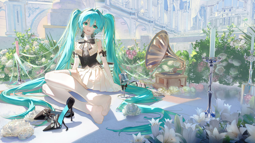1girl absurdres aqua_eyes aqua_hair arm_tattoo black_bow black_bowtie black_shoes black_vest bow bowtie candle candlestand dress elbow_gloves flower footwear_bow full_body glove_bow gloves hatsune_miku high_heels highres jiantai long_hair looking_at_viewer microphone miku_symphony_(vocaloid) no_shoes number_tattoo phonograph plant pleated_dress reflective_floor shoes sitting sitting_sideways skindentation smile solo sunlight tattoo thighhighs twintails very_long_hair vest vintage_microphone vocaloid white_dress white_flower white_gloves white_thighhighs