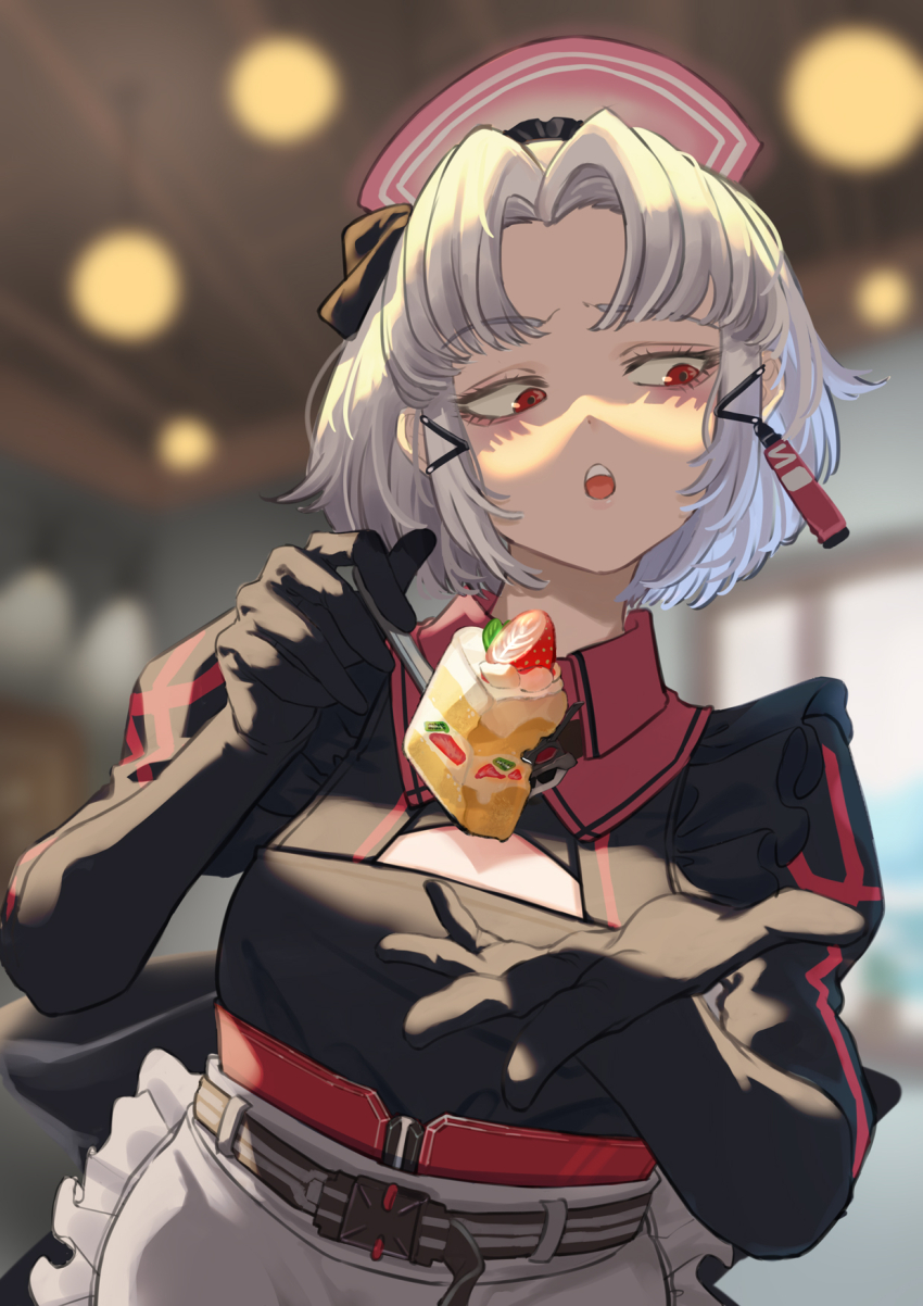 1girl apron black_gloves breasts cake commentary drake_(maid_for_villain)_(nikke) drake_(nikke) feeding food gloves goddess_of_victory:_nikke hair_ornament hat highres looking_to_the_side maid_apron mamaroa medium_breasts nurse_cap open_mouth puffy_sleeves red_eyes short_hair solo teeth white_hair