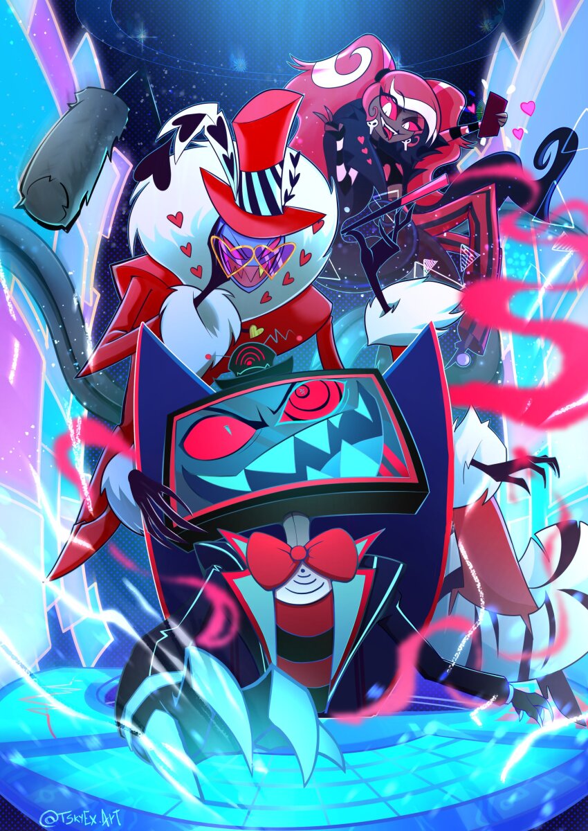 absurdres colored_sclera hazbin_hotel heart_glasses highres red_eyes red_sclera tagme tongue tongue_out valentino_(hazbin_hotel) velvette_(hazbin_hotel) vox_(hazbin_hotel)