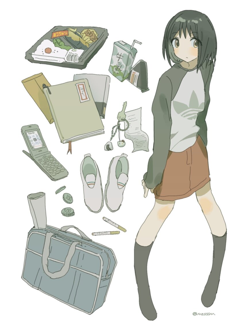 1girl artist_name bag bento black_hair book cellphone character_request check cigarette coin copyright_request flip_phone food highres key looking_at_viewer nzsssm onigiri pencil_skirt phone print_shirt red_skirt shirt shoes short_hair shoulder_bag simple_background skirt solo unworn_shoe white_shoes