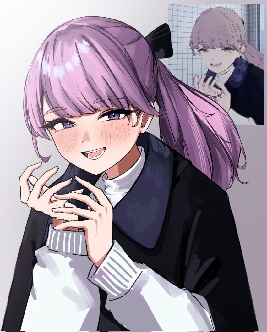 1girl :d black_eyes black_jacket blush corrupted_twitter_file derivative_work hands_up hashtag-only_commentary highres inset jacket lapwing_(vrchat) long_sleeves looking_at_viewer medium_hair open_mouth own_hands_together pink_hair ponytail screenshot_inset screenshot_redraw smile solo sweater tobildesu turtleneck turtleneck_sweater vrchat white_sweater
