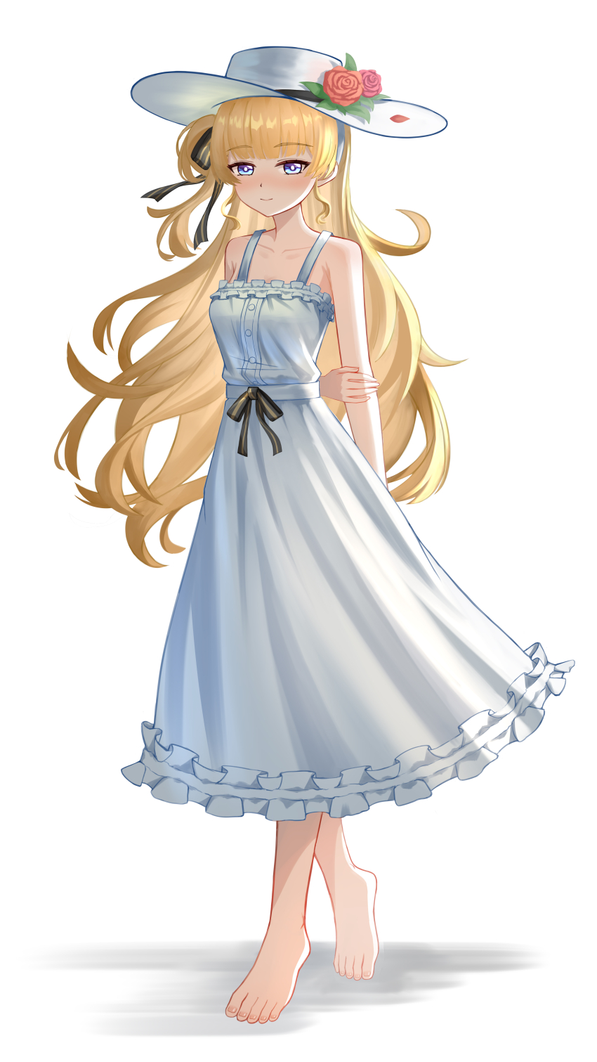 1girl absurdres alternate_costume arm_behind_back bare_shoulders barefoot black_ribbon blonde_hair blue_eyes blush breasts closed_mouth collarbone commentary dongyun_hua dress feet flower full_body hair_ribbon hairband hat hat_flower highres long_hair looking_at_viewer medium_breasts one_side_up phoebe_(wuthering_waves) ribbon rose simple_background smile solo standing toenails toes white_background white_dress white_hairband white_hat wuthering_waves
