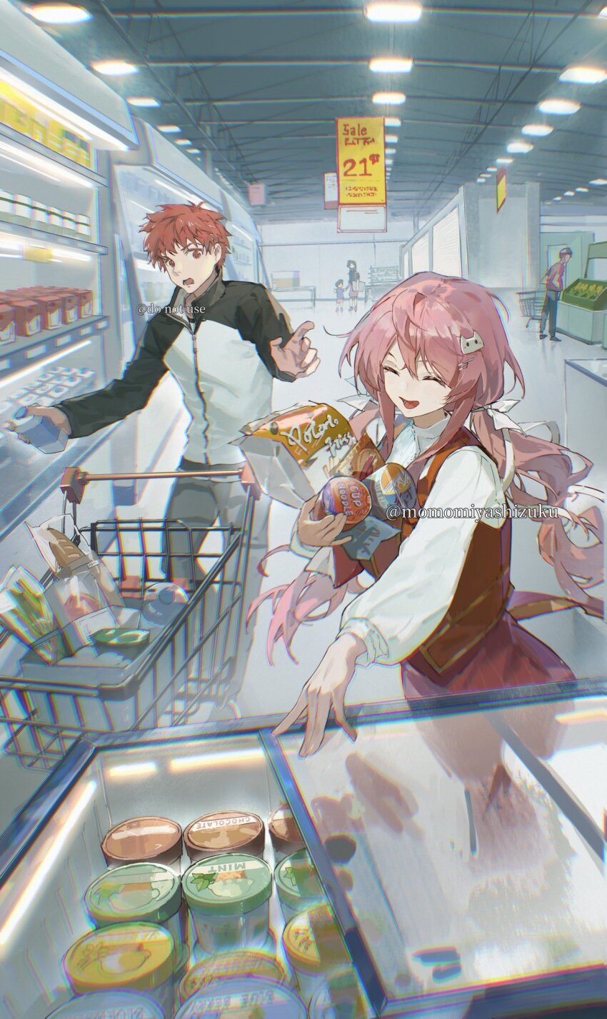 1boy aisle black_jacket brown_vest cart commissioner_insert couple cross cross_print emiya_shirou fate/stay_night fate_(series) food food_focus gaoyue_jixiang groceries highres holding holding_food ice ice_cream igote in_shopping_cart jacket momomiya_shizuku_(gaoyue_jixiang) oc_x_canon orange_hair original pastels pink_eyes price_tag print_ribbon pushing_cart raglan_sleeves red_hair ribbon shopping shopping_basket shopping_basket_cart shopping_cart short_hair skirt vest watermark weibo_watermark white_jacket