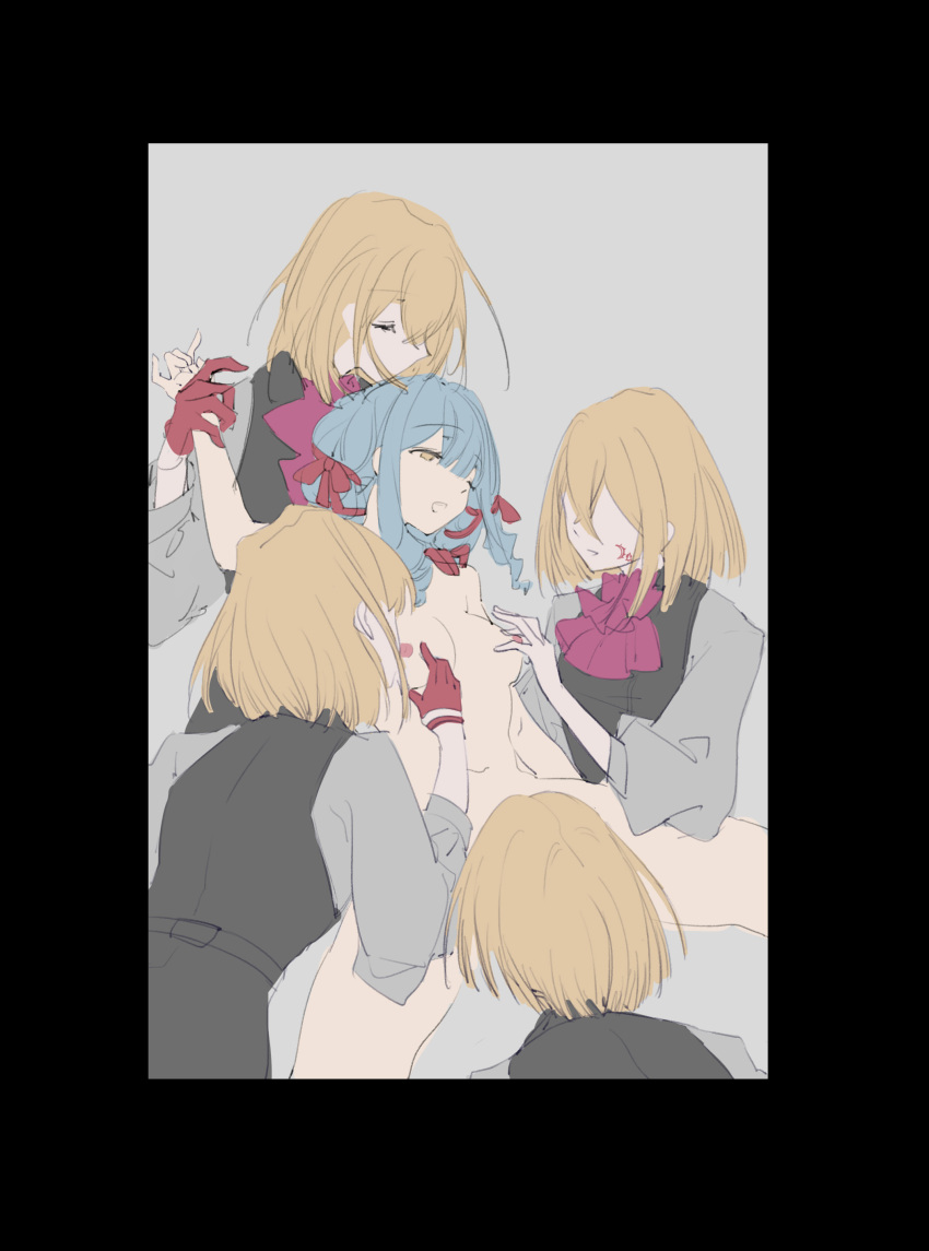 5girls aaaboutle absurdres aver_(yumenokessho) bang_dream! bang_dream!_it&#039;s_mygo!!!!! black_border black_vest blonde_hair blue_hair border bow bowtie closed_eyes clothed_female_nude_female commentary completely_nude cunnilingus doloris_(bang_dream!) facial_tattoo gloves grabbing_another&#039;s_breast grey_background grey_shirt groping hair_bow harem hashtag-only_commentary highres holding_another&#039;s_wrist long_sleeves medium_hair misumi_uika multiple_girls navel nipples nude open_mouth oral purple_bow purple_bowtie red_bow red_gloves shirt simple_background smile sweets_paradise tattoo togawa_sakiko vest yellow_eyes yumenokessho yuri yuri_harem