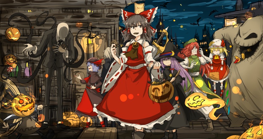5girls ascot bad_id bad_pixiv_id bat_(animal) black_dress black_eyes black_hair black_hat blonde_hair blue_hair bow brown_footwear candy character_request closed_eyes cookie crescent crescent_hair_ornament crossover detached_sleeves dress eating flandre_scarlet food formal_clothes frilled_shirt_collar frilled_skirt frills ghost green_hat hair_bow hair_ornament hair_tubes hakurei_reimu halloween hat highres hong_meiling jack-o&#039;-lantern kankan33333 knife lantern light_particles lollipop mob_cap mouth_hold multiple_girls oogie_boogie orange_hair patchouli_knowledge puffy_pants purple_hair red_bow red_eyes red_footwear red_hair red_vest remilia_scarlet shoes skirt slender_man snake suit swirl_lollipop the_nightmare_before_christmas touhou vest wheel white_hat white_headwear wide_sleeves wings wizard_hat wrist_cuffs