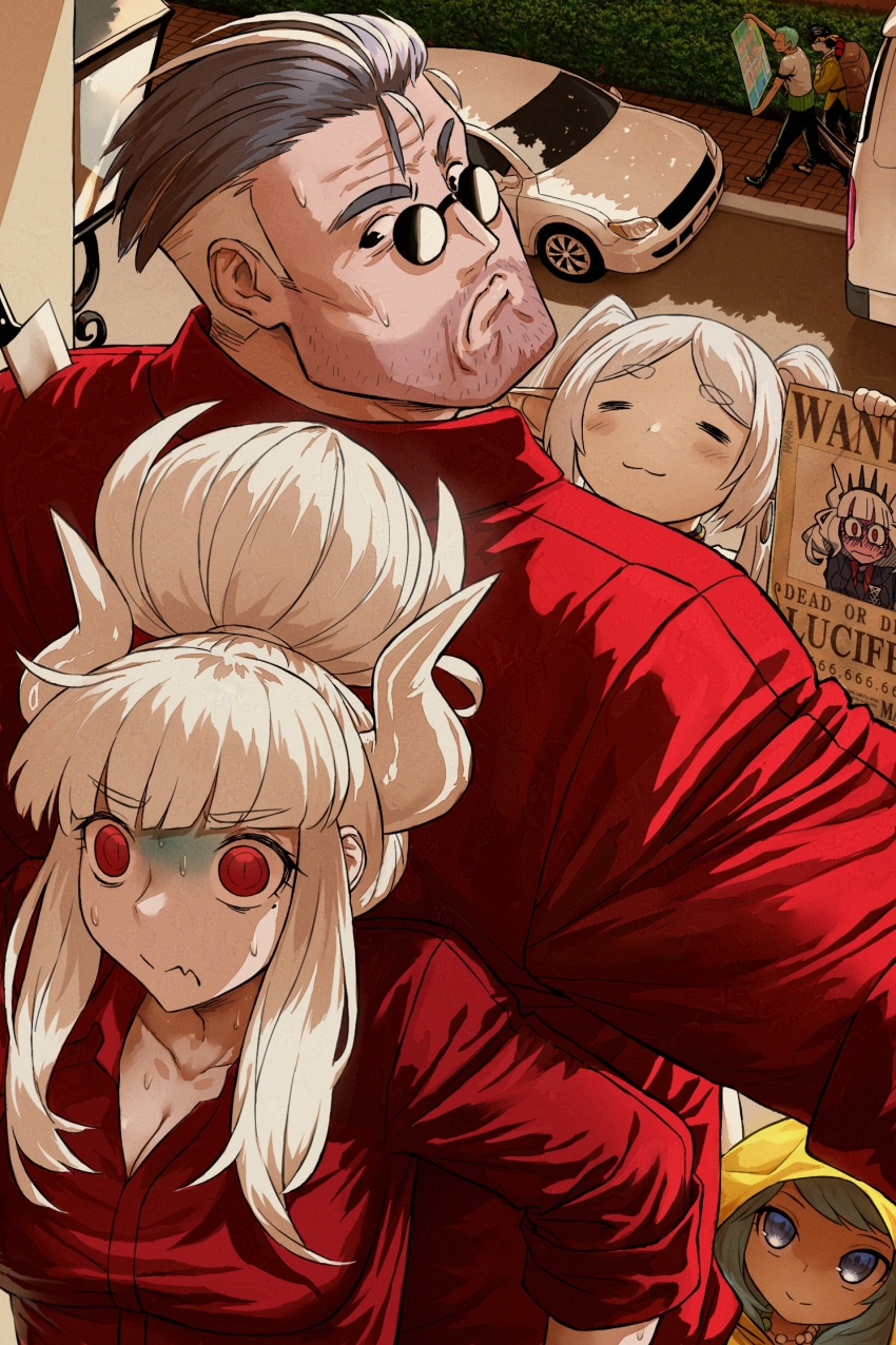 3boys 3girls :3 =_= black_eyes black_hair blue_eyes blush car closed_eyes demon_girl demon_horns elf english_text frieren furrowed_brow glasses green_hair hair_bun haraya_manawari helltaker helltaker_(character) hibiki_ryouga highres holding holding_map horns jubilee_2025 knife knifed leaning_on_person looking_back luce_(jubilee_2025) lucifer_(helltaker) map mole mole_under_eye motor_vehicle multiple_boys multiple_girls nervous nervous_sweating one_piece paralysis pointy_ears raincoat red_eyes red_shirt roronoa_zoro scared shaded_face shirt smile sousou_no_frieren sunglasses sweat sweatdrop v-shaped_eyebrows wanted_poster white_hair white_horns yellow_raincoat