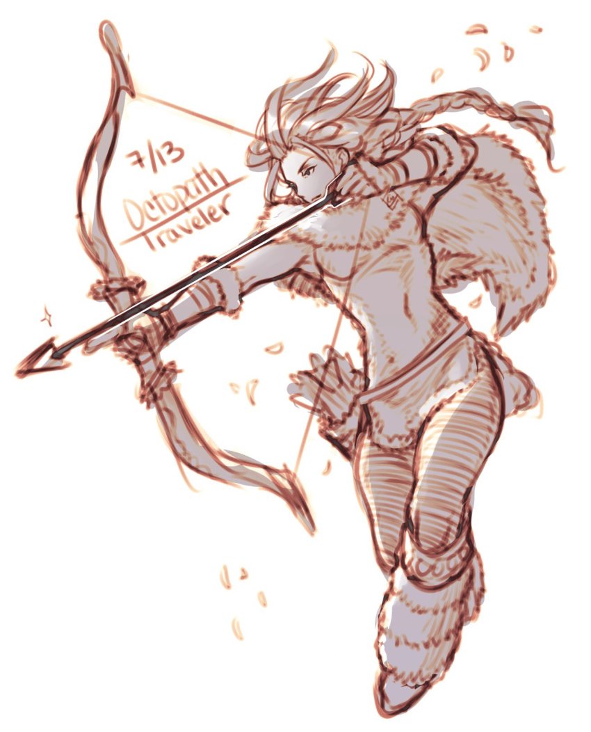 1girl arrow_(projectile) boots bow_(weapon) drawing_bow female_focus full_body gloves h&#039;aanit_(octopath_traveler) highres holding holding_bow_(weapon) holding_weapon hunter krazehkai long_hair monochrome octopath_traveler octopath_traveler_i quiver solo weapon white_background