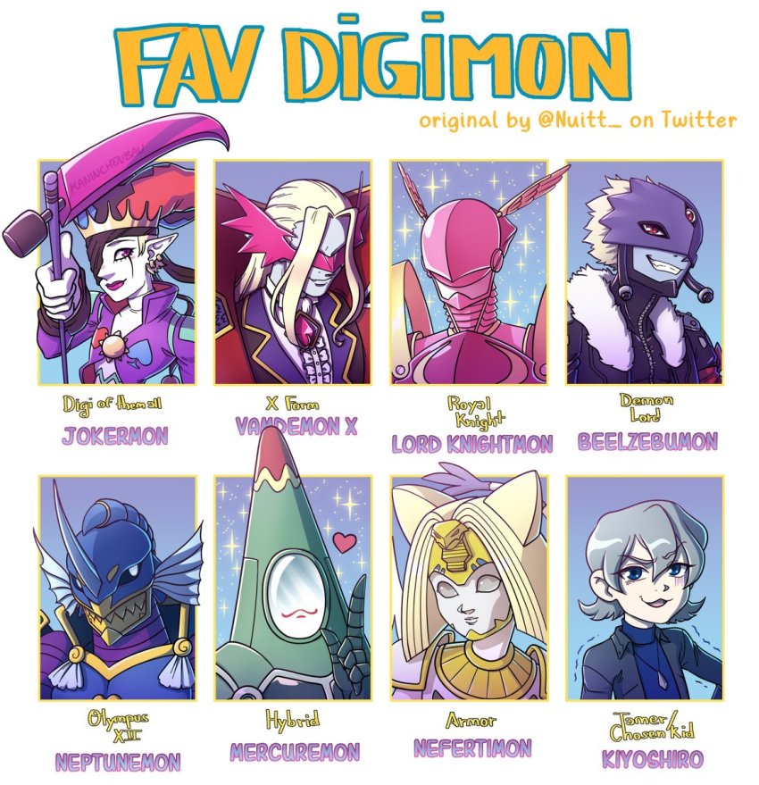 beelzebumon blue_eyes digimon heart higashimitarai_kiyoshiro highres jokermon lordknightmon mask mercuremon mirror nefertimon neptunemon scythe short_hair smile vamdemon vamdemon_x-antibody white_hair