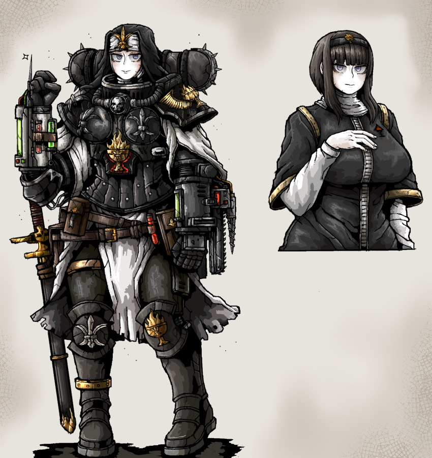 1girl adepta_sororitas armor belt black_hair drill fleur-de-lis full-length_zipper full_body gauntlets habit hand_on_own_chest headband highres layered_sleeves long_sleeves looking_at_viewer multiple_views needle octosoup power_armor purple_eyes sheath sheathed short_over_long_sleeves short_sleeves shoulder_armor solo sword utility_belt vial warhammer_40k weapon zipper