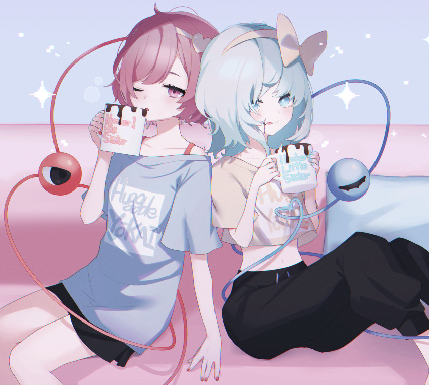 2girls :p alternate_costume arm_support back-to-back black_eyes black_pants black_skirt blue_shirt blush bow bow_hairband bra_strap casual chocolate chocolate_on_face closed_mouth clothes_writing collarbone commission commissioner_upload contemporary couch crop_top cup cushion drinking eyebrows_hidden_by_hair fingernails food food_on_face green_eyes green_hair green_nails hair_bow hair_ornament hairband heads_together heart heart_hair_ornament heart_of_string highres holding holding_cup hot_chocolate komeiji_koishi komeiji_satori looking_at_viewer medium_hair midriff migihidari_(puwako) mug mug_writing multiple_girls nail_polish non-web_source on_couch one_eye_closed open_mouth pants pink_eyes pink_hair pink_nails shirt short_hair short_sleeves siblings sisters sitting skeb_commission skirt sparkle third_eye tongue tongue_out touhou yellow_bow yellow_hairband yellow_shirt
