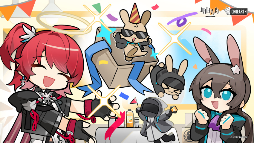 1other 2girls amiya_(arknights) animal_ears arknights artist_request black_gloves blue_eyes choshanland_plushy_(arknights) closed_eyes commentary_request doctor_(arknights) exusiai_(arknights) exusiai_the_new_covenant_(arknights) fingerless_gloves gloves highres jewelry long_hair multiple_girls multiple_rings official_alternate_costume official_art one_side_up open_mouth party rabbit_ears rabbit_girl red_hair ring