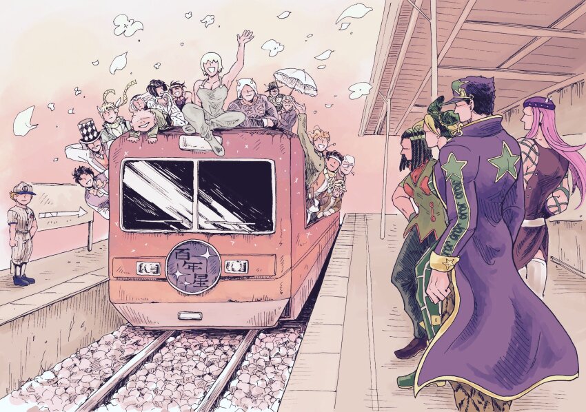4girls 6+boys argyle ascot bandana battle_tendency black_hair blonde_hair blunt_bangs bruno_bucciarati caesar_anthonio_zeppeli coat collarbone diamond_wa_kudakenai dog dreadlocks emporio_alnino enomoto_(sudatsue) erina_pendleton ermes_costello everyone eyepatch facial_hair fishnet_top fishnets foo_fighters_(jojo) glasses gravel green_hair hat highres horns iggy_(jojo) jean_pierre_polnareff jojo_no_kimyou_na_bouken jonathan_joestar joseph_joestar kakyoin_noriaki kuujou_jolyne kuujou_joutarou leone_abbacchio long_coat long_hair long_sleeves medium_hair mohammed_avdol multicolored_hair multiple_boys multiple_girls mustache narancia_ghirga narciso_anasui on_vehicle outdoors parasol phantom_blood pink_hair pink_sky railroad_tracks robert_e._o._speedwagon short_hair short_sleeves sidelocks sign sitting sky smile sparkle spoilers standing star_(symbol) star_print stone_ocean top_hat train train_station two-tone_hair umbrella vento_aureo vest waving weather_report white_hair will_anthonio_zeppeli yangu_shigekiyo