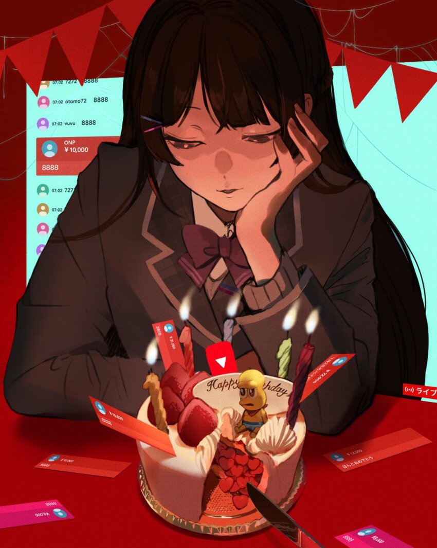 1girl birthday_cake black_eyes black_hair black_jacket blazer blowing_candle bow bowtie cake character_doll chat_log commentary elbows_on_table english_commentary food fruit hair_ornament hairclip hand_on_own_chin happy_birthday head_rest heart highres jacket knife lapels long_hair long_sleeves looking_down mode_aim nijisanji parted_lips peanuts-kun pennant purple_bow purple_bowtie school_uniform solo strawberry string_of_flags super_chat tsukino_mito tsukino_mito_(1st_costume) upper_body virtual_youtuber vuvuzuke