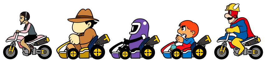 1girl 3boys bad_id bad_twitter_id black_hair buck_teeth dirk_drain-head donkey_kong_(series) donkey_kong_3 eggplant_man faceless faceless_male fedora go-kart hat helmet high_heels highres indiana_joe jpsupper long_image mario_(series) mario_kart mario_kart_8 mary_o motor_vehicle motorcycle multiple_boys nintendo nintendo_comics_system office_lady orange_hair overalls parody short_hair simple_background stanley_(donkey_kong) super_mario_maker teeth the_super_mario_bros._super_show! white_background wide_image wrecking_crew