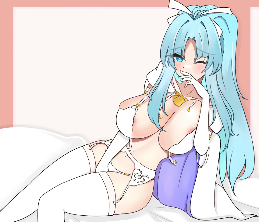 1girl absurdres aqua_hair bed bra breasts bridal_gauntlets cape crossed_legs esttea front-hook_bra golden_sun hair_ribbon highres implied_masturbation large_breasts lingerie mia_(golden_sun) navel nintendo open_bra pillow ponytail ribbon solo underwear wide_ponytail