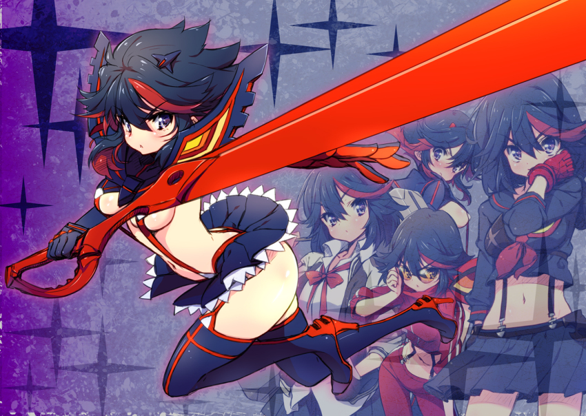 10s 1girl :&lt; black_hair blue_eyes blush boots breasts high_heels jacket kill_la_kill living_clothes matoi_ryuuko midriff multicolored_hair multiple_persona navel pandaki_(aki) red_hair revealing_clothes school_uniform scissor_blade_(kill_la_kill) senketsu safety_glasses short_hair skirt sparkle suspenders sword thigh_boots thighhighs tinted_eyewear track_jacket two-tone_hair underboob weapon yellow-tinted_eyewear