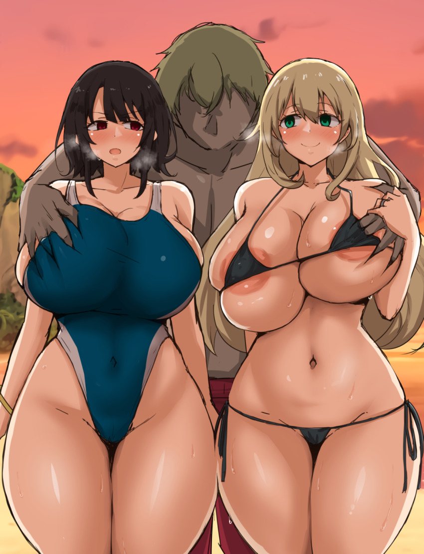 1boy 2girls atago_(kancolle) beach bikini black_bikini black_hair blonde_hair blue_one-piece_swimsuit blush bracelet breasts competition_swimsuit dark-skinned_male dark_skin embarrassed grabbing_another&#039;s_breast grabbing_from_behind green_eyes groping hand_grab highres holding interracial jewelry kantai_collection large_breasts long_hair medium_hair multiple_girls one-piece_swimsuit pimp red_eyes ring smile sunlight swimsuit takao_(kancolle) yamaori