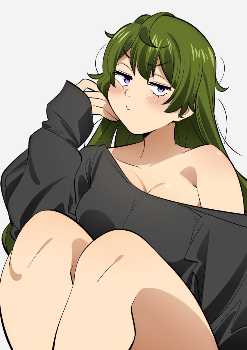 1girl 2024 ahoge bare_legs black_shirt blush breasts cleavage collarbone commentary feet_out_of_frame female_focus green_eyes grey_background hair_between_eyes hand_on_own_cheek hand_on_own_face highres knees_together_feet_apart long_hair long_sleeves looking_at_viewer low-cut medium_breasts messy_hair off_shoulder oversized_clothes oversized_shirt playing_with_own_hair pout purple_eyes sakura_1110ssmm shirt simple_background sitting solo sousou_no_frieren ubel_(sousou_no_frieren) very_long_hair