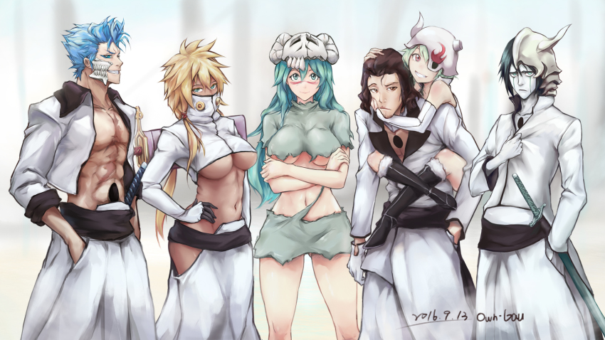 3boys 3girls :/ abs aqua_eyes aqua_hair arrancar baggy_pants black_footwear bleach blonde_hair blue_eyes boots breasts breasts_apart brown_eyes brown_hair carrying closed_mouth colored_skin coyote_starrk crossed_arms dark-skinned_female dark_skin dated erementa facial_mark gloves green_eyes green_hair green_shirt green_skirt grimmjow_jaegerjaquez grin hair_between_eyes hand_on_own_hip hands_in_pockets helmet highres hole_on_body horns large_breasts legs lilynette_gingerbuck long_hair long_sleeves looking_at_viewer midriff miniskirt multiple_boys multiple_girls navel nelliel_tu_odelschwanck no_bra number_tattoo open_clothes open_shirt pants piggyback revealing_clothes sheath sheathed shirt short_hair short_sleeves signature single_horn skirt skull sleeves_rolled_up slouching smile spiked_hair standing sword sword_on_back tattoo tier_harribel torn_clothes ulquiorra_cifer underboob weapon weapon_on_back white_background white_pants white_shirt white_skin