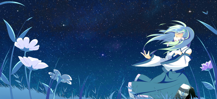 1girl closed_eyes collared_shirt detached_sleeves flower frog_hair_ornament grass green_hair hair_ornament hair_tubes japanese_clothes kochiya_sanae long_hair miko open_mouth shirt single_hair_tube sky snake_hair_ornament solo standing star_(sky) starry_sky stone touhou white_flower white_shirt whitecloudinside
