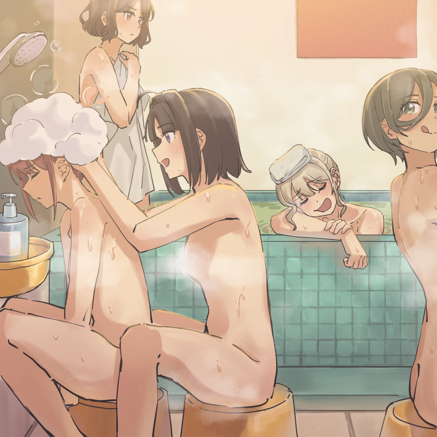 5girls absurdres ahoge ass awa_subaru bath bathing black_hair blush breasts brown_eyes brown_hair closed_eyes closed_mouth commentary convenient_censoring earclip ebizuka_tomo fafayu girls_band_cry grey_hair hair_between_eyes hair_intakes highres iseri_nina kawaragi_momoka licking_lips long_hair_between_eyes multiple_girls nude official_alternate_hair_length official_alternate_hairstyle open_mouth pout purple_eyes red_eyes rupa_(girls_band_cry) same-sex_bathing shampoo shared_bathing shower_head sidelocks small_breasts steam steam_censor sweat symbol-only_commentary togenashi_togeari tongue tongue_out towel washing_hair