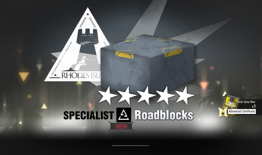 ... arknights block_(object) english_text fake_screenshot gacha_(game_mechanic) game_screenshot gameplay_mechanics gradient_background grey_background highres ikazu401 no_humans rhodes_island_logo_(arknights) roadblock star_(symbol)