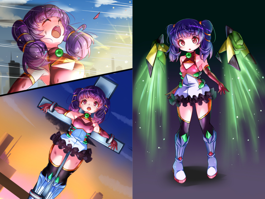 1girl alternate_costume arms_at_sides bdsm black_frills black_thighhighs blunt_bangs blush boots breasts bruise city cleavage_cutout clothing_cutout cloud comic cross crucifixion damaged defeat dragon_girl dragon_wings dress explosion fire_emblem fire_emblem:_the_sacred_stones frilled_skirt frills from_side full_body gloves glowing gold_trim gradient_background green_wings hair_tie injury instant_loss jewelry long_hair looking_at_viewer mecha_musume mechanical_wings messy_hair mimochiku motion_lines multi-tied_hair multicolored_dress myrrh_(fire_emblem) nintendo pale_skin parted_lips purple_hair red_dress red_eyes red_gloves restrained ryona sequential shiny_skin skirt small_breasts solo_focus standing sunset suspension thighhighs tokusatsu twintails upper_body white_dress white_footwear wince wings yellow_wings