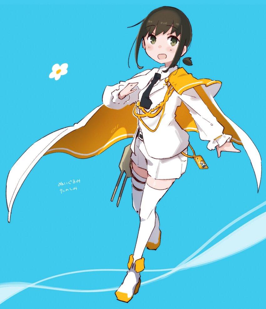 1girl absurdres aiguillette belt black_belt black_hair black_necktie cape collared_shirt cosplay fubuki_(kancolle) green_eyes highres jacket kantai_collection long_sleeves ma_rukan multicolored_shoes necktie open_mouth ponytail shirt short_ponytail shorts sidelocks solo south_dakota_(anniversary)_(kancolle) south_dakota_(kancolle) south_dakota_(kancolle)_(cosplay) thighhighs two-sided_fabric two-tone_shoes white_cape white_jacket white_shirt white_shorts white_thighhighs yellow_cape