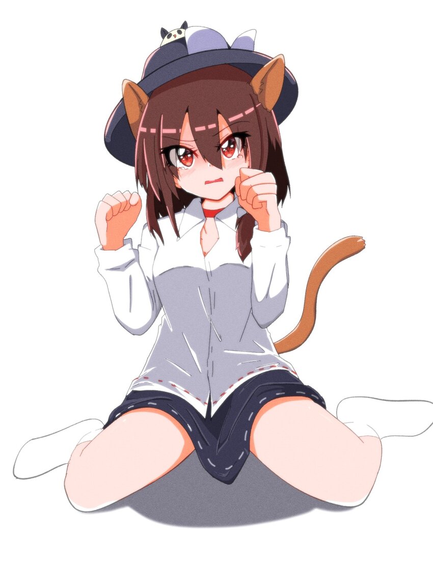 1girl animal_ears asymmetrical_hair black_hat black_skirt blush bone_vone bow brown_hair clenched_hands collar commentary_request film_grain flustered full_body hair_bow hat hat_bow highres kemonomimi_mode long_sleeves looking_at_viewer open_mouth panda red_eyes ribbon-trimmed_shirt ribbon-trimmed_skirt ribbon_trim shirt simple_background sitting skirt socks solo tail tearing_up touhou usami_renko wariza white_background white_bow white_shirt white_socks