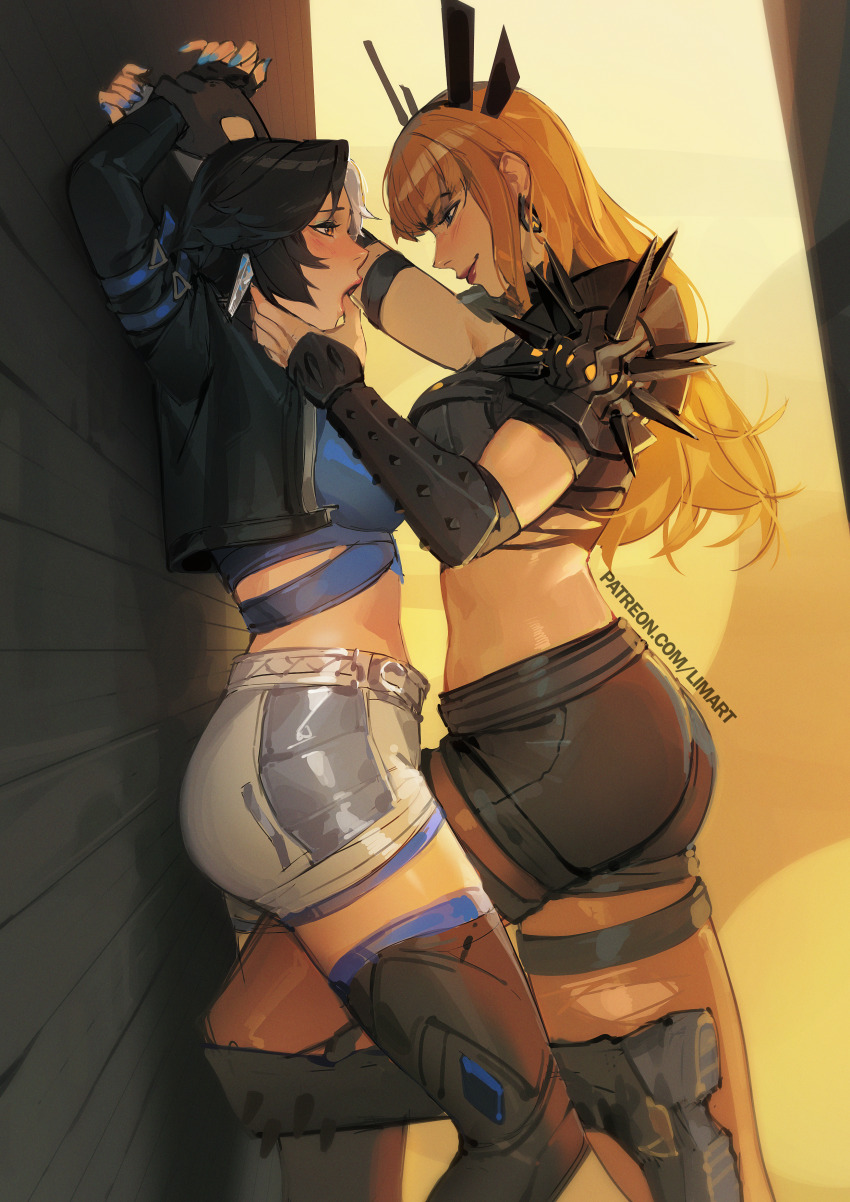 2girls absurdres against_wall arms_up assertive_female between_legs black_hair blonde_hair blue_nails blunt_bangs blush closed_mouth couple crop_top cropped_jacket earrings eye_contact eyebrows_hidden_by_hair finger_in_another&#039;s_mouth from_side half-closed_eyes highres jewelry limart lips lipstick long_hair looking_at_another luna_snow magik_(x-men) makeup marvel marvel_rivals midriff multicolored_hair multiple_girls open_mouth outdoors paid_reward_available pantyhose parted_bangs pink_lips pinned red_lips seductive_smile short_hair short_shorts shorts smile split-color_hair standing straight_hair sunset torn_clothes torn_pantyhose white_hair x-men yuri