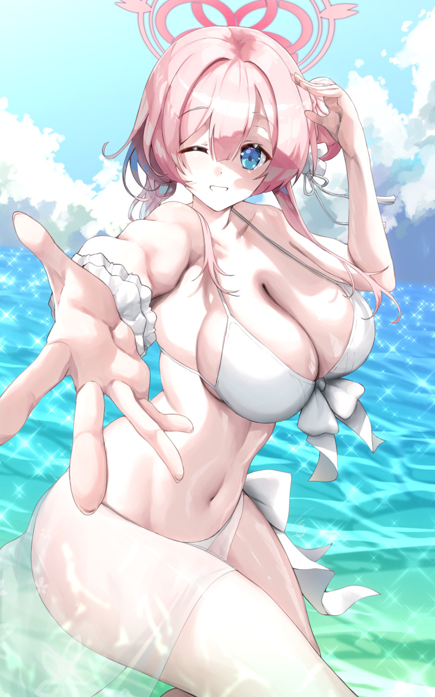 1girl absurdres bikini blue_archive blue_sky breasts halo highres large_breasts mimori_(blue_archive) mimori_(swimsuit)_(blue_archive) navel ocean one_eye_closed pink_eyes pink_hair pink_halo sky solo sunnysideup swimsuit white_bikini